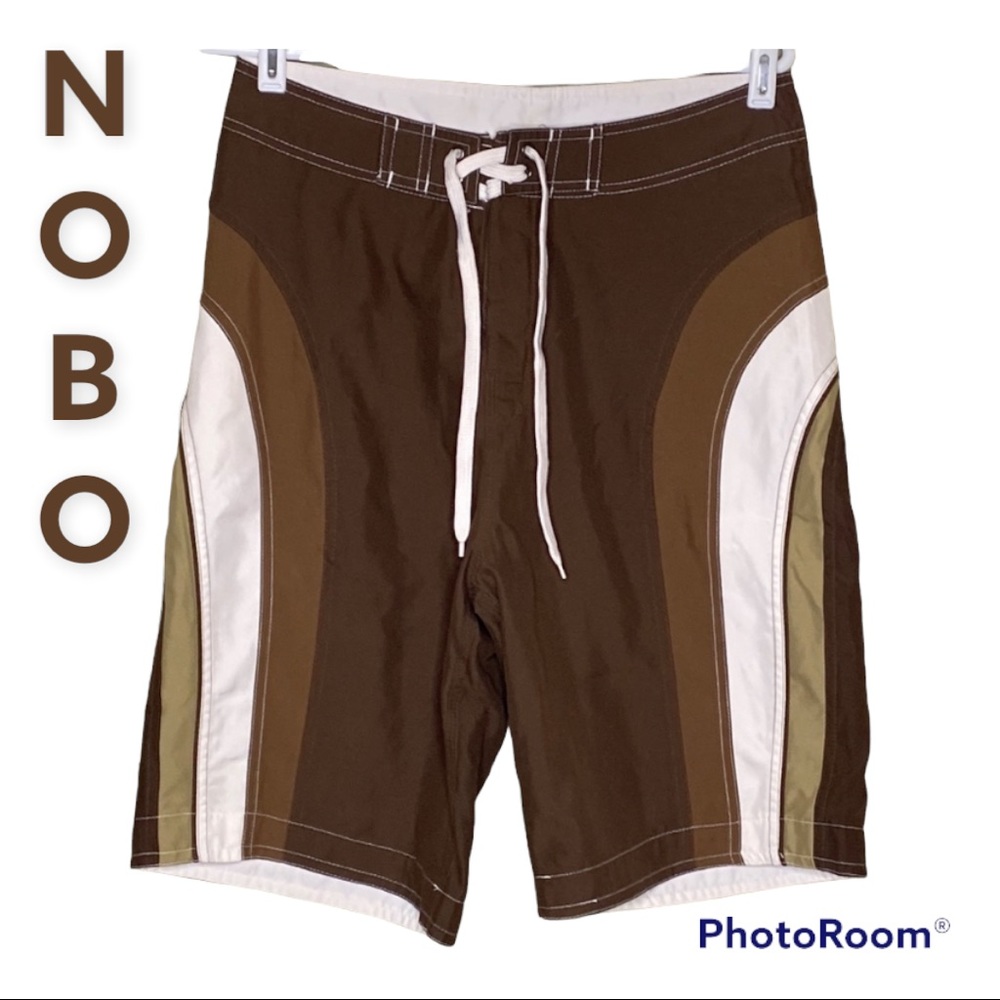 NoBo Color Blocked Brown, Tan and White Long Length Swim Trunks Sz 32